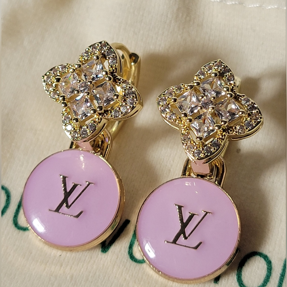 LV Skittle, Crystal CZ Blossom, Pink LV Zipper Pull Earings